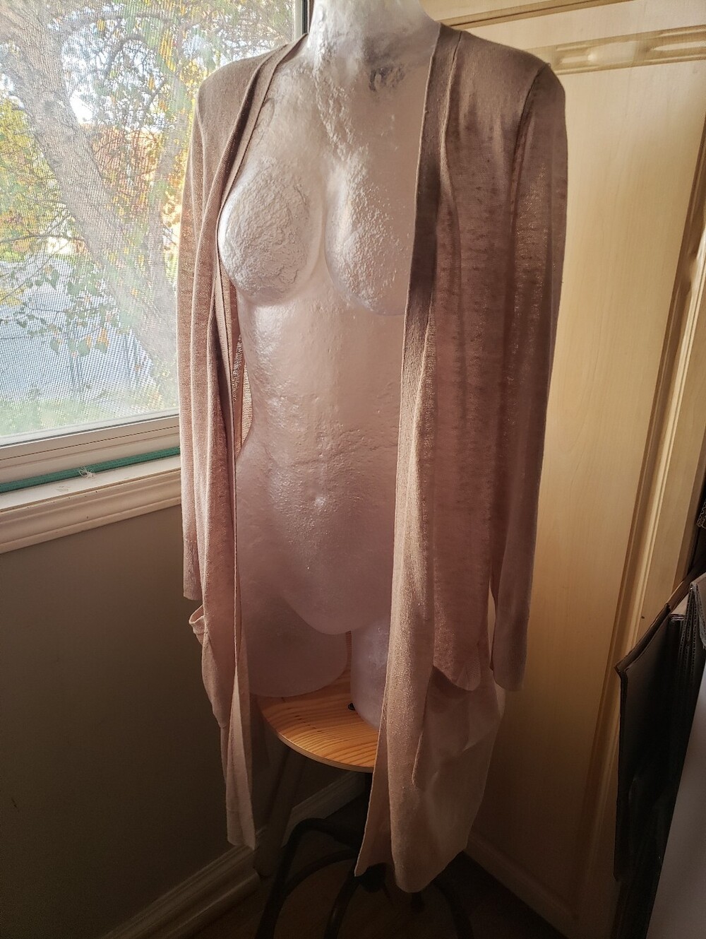 Halogen Linen Blend Open Cardigan Beige Knit Long Sweater Cardigan